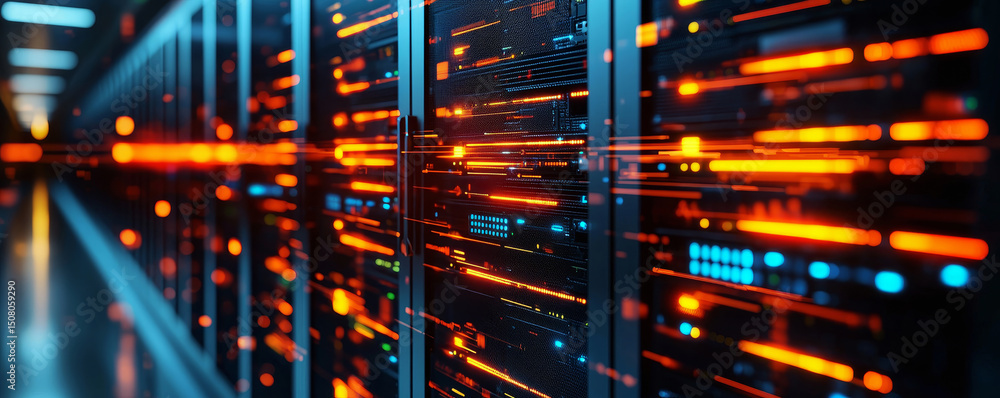 Poster abstract digital data flow in a server environment with vibrant colors. cybersecurity data protectio