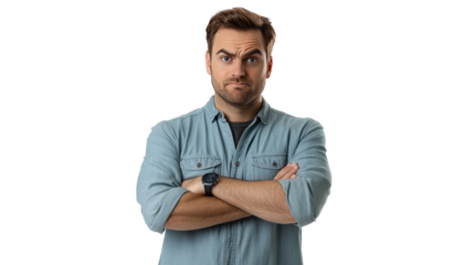 A man crossing his arms and raising an eyebrow, showing skepticism,Transparent background, PNG file