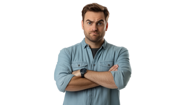 A man crossing his arms and raising an eyebrow, showing skepticism,Transparent background, PNG file
