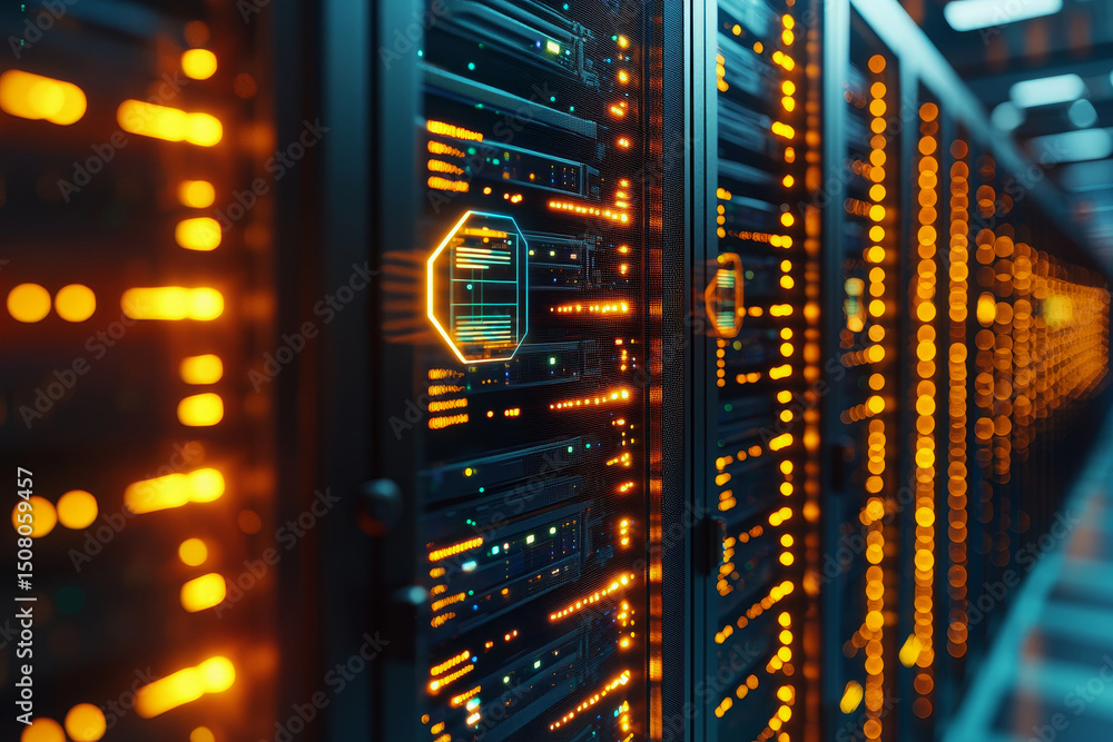 Poster data center with illuminated server racks in a digital environment.