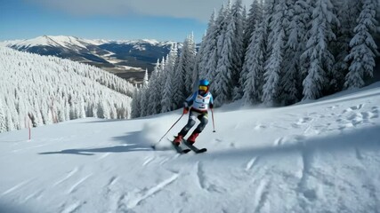 Young Skier Races Downhill, Navigating Gates with Speed and Precision in a Winter Sports Competition