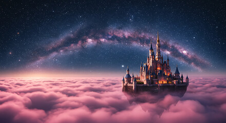 Enchanting Fairytale Castle Floating Above Pink Clouds and Starry Night Sky