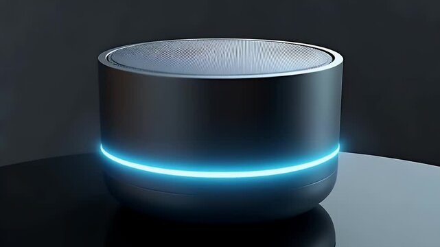 Cylindrical Bluetooth Speaker with LED Glow Ring on Reflective Black Glass

