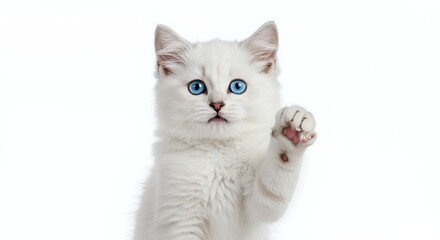 Fototapeta premium Charming White Kitten with Blue Eyes Waving Paw on White Background Adorable Fluffy Feline with Playful Gesture Studio Shot Perfect for Childrens Projects