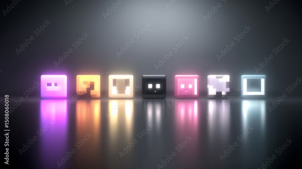 Poster colorful abstract cubes glowing softly in a dark environment with reflective surface.