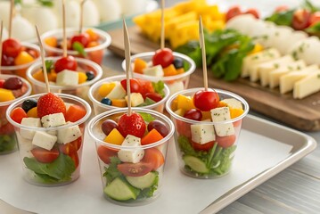 Buffet catering with assorted appetizers in plastic cups. Includes fresh salads, tomato, cheese bites, seafood, and finger foods, perfect for party, event, or celebration display.