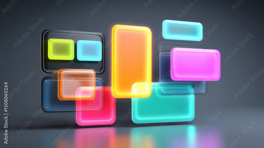 Poster colorful digital buttons in various shapes glowing on a dark background.