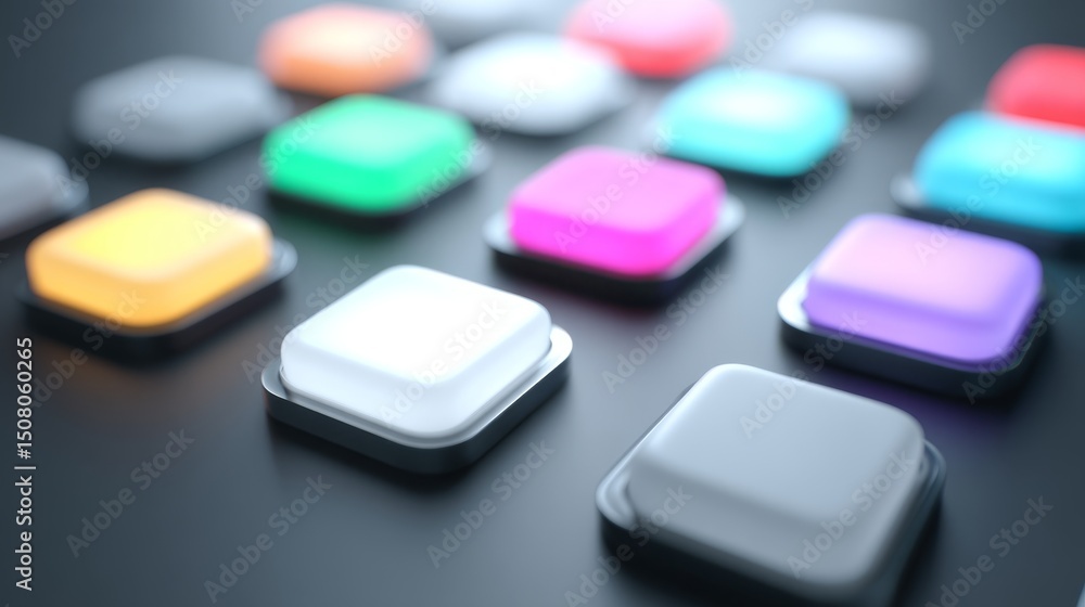 Poster colorful digital buttons arranged in a modern layout on a dark background.