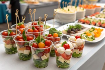 Buffet catering with assorted appetizers in plastic cups. Includes fresh salads, tomato, cheese bites, seafood, and finger foods, perfect for party, event, or celebration display.
