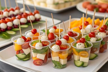 Buffet catering with assorted appetizers in plastic cups. Includes fresh salads, tomato, cheese bites, seafood, and finger foods, perfect for party, event, or celebration display.