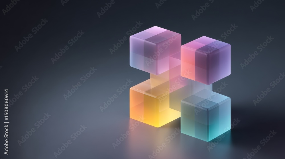Poster colorful translucent cubes forming an abstract shape on a smooth surface.