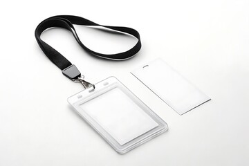 Vertical blank ID badge mockup with plastic holder and black lanyard. Isolated on white background. Ideal for business, corporate, school, or event identification design.