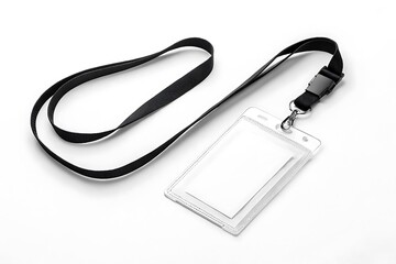 Vertical blank ID badge mockup with plastic holder and black lanyard. Isolated on white background. Ideal for business, corporate, school, or event identification design.