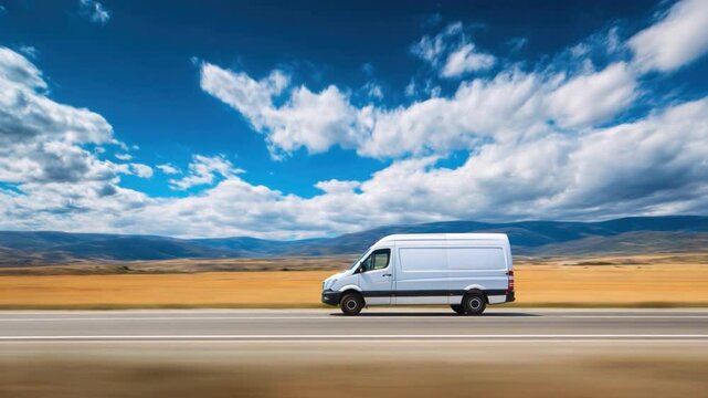 A solitary delivery van speeds along an open highway under a vast sky, signifying the seamless movement of goods and services.