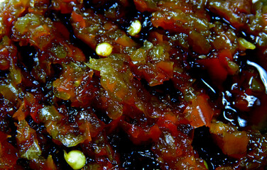 Spicy chili crisp oil, Local spicy Chinese delicacy. Full frame