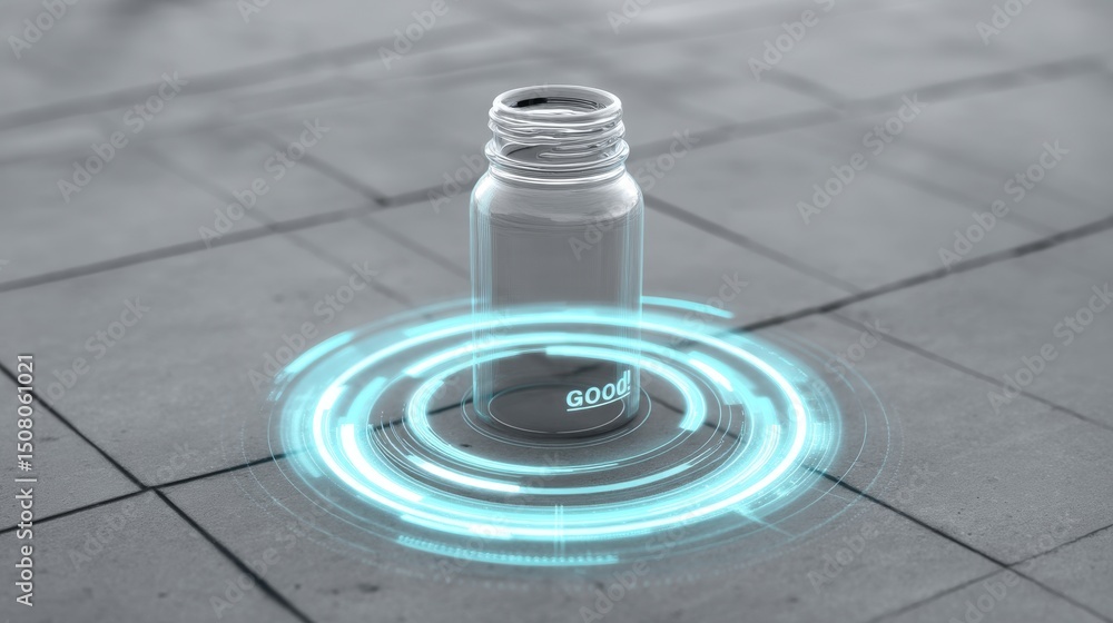 Poster futuristic bottle design with digital elements on a tiled surface.