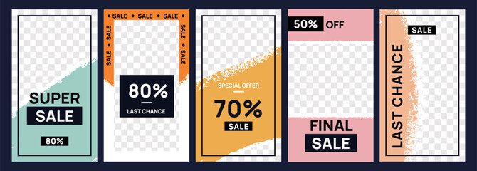 Sale and discount stories templates. Ragged edges textures, frame designs, trendy advertising borders, social media apps, transparent layers, vertical background, flyer garish vector set