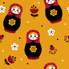 Russian dolls seamless pattern. Traditional slavic matryoshka toy, repeated floral elements, folk national symbol. Textile, wrapping paper, wallpaper. Print for fabric garish vector background