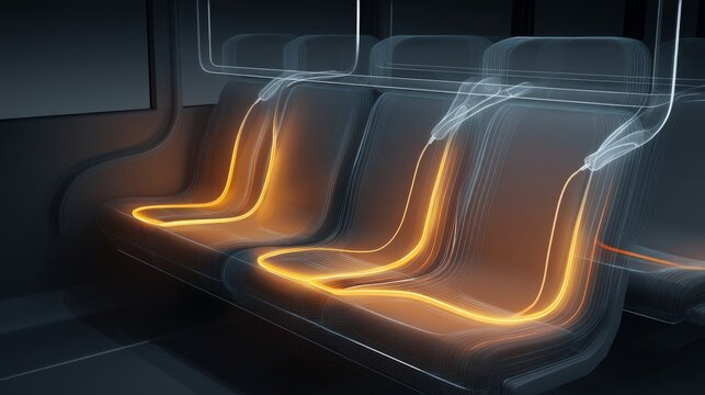 Futuristic bus seats illuminated with soft orange light in a modern setting.