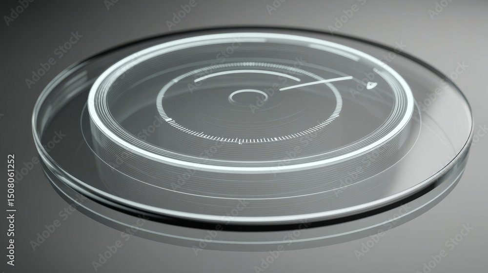 Poster futuristic design of a glass interface with interactive visual elements.
