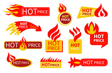Hot price emblems. Burning sale, discount labels, stylized simple fires and flames, campfire graphic design templates, shopping tag for products and goods minimal isolated splendid vector set