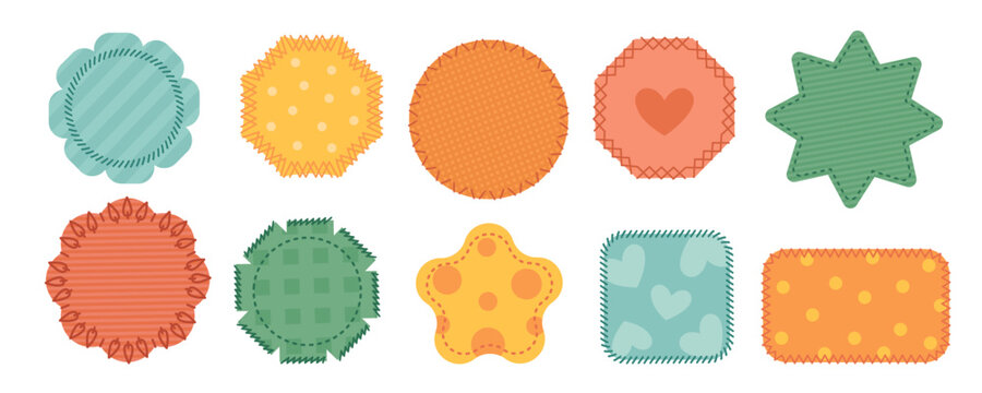 Fabric color patches. Different shapes fabric pieces stitched along perimeter, various stitches, creative textile sewing badges, isolated shapes for decoration and repair garish vector set