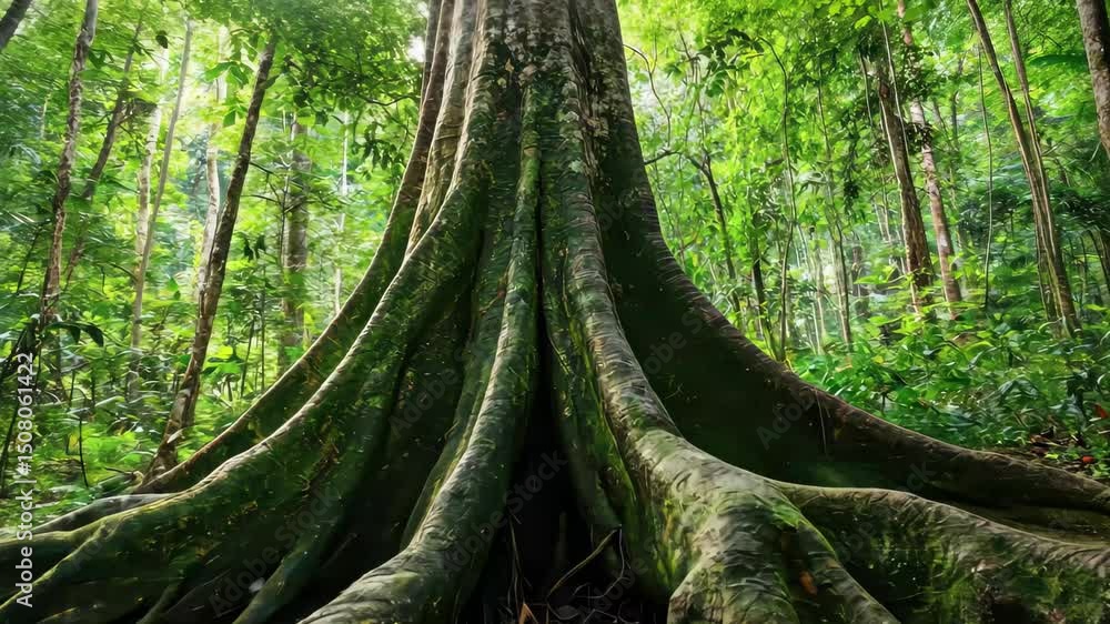 Poster majestic tree trunk with sprawling roots in a dense jungle forest, huge tree trunk with big roots ju