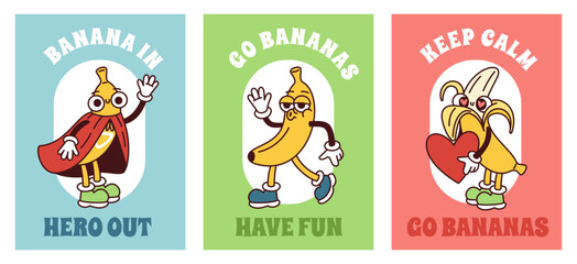 Cartoon banana cards. Funky fruit characters, groovy retro mascot with smiling faces, hands and feet, funny inscriptions, delicious summer print, colorful food posters garish vector set
