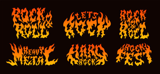Burning text logos. Flamed inscriptions, decorative fired design text, rock and metal music graphic, bonfire orange letters, fire isolated phrases flammable lettering, tidy vector set