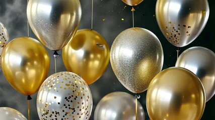 Festive celebration with gold and silver balloons filled with colorful confetti, Gold and silver balloons with confetti, festive celebration atmosphere - Powered by Adobe