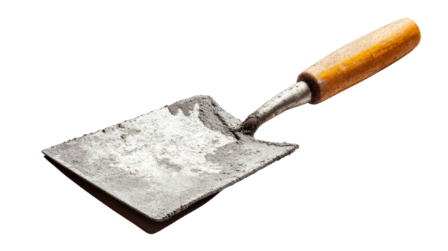 A metal concrete finishing trowel with a wooden handle,Transparent background, PNG file