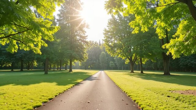 Serene pathway through lush green park at sunrise with sunlight  