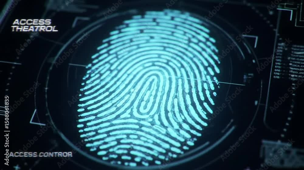 Aufkleber glowing cyan fingerprint scan on digital interface.