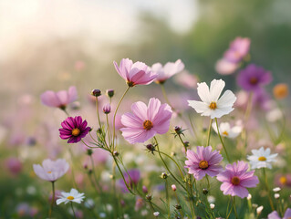 Fototapeta premium Colorful flowers bloom in a vibrant field during daylight in spring