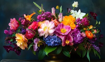 Fototapeta premium A table displays a vase overflowing with a variety of bright, colorful flowers.