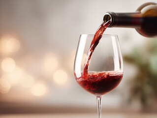 Pouring red wine into a glass for a cozy gathering with soft lighting and a tranquil atmosphere