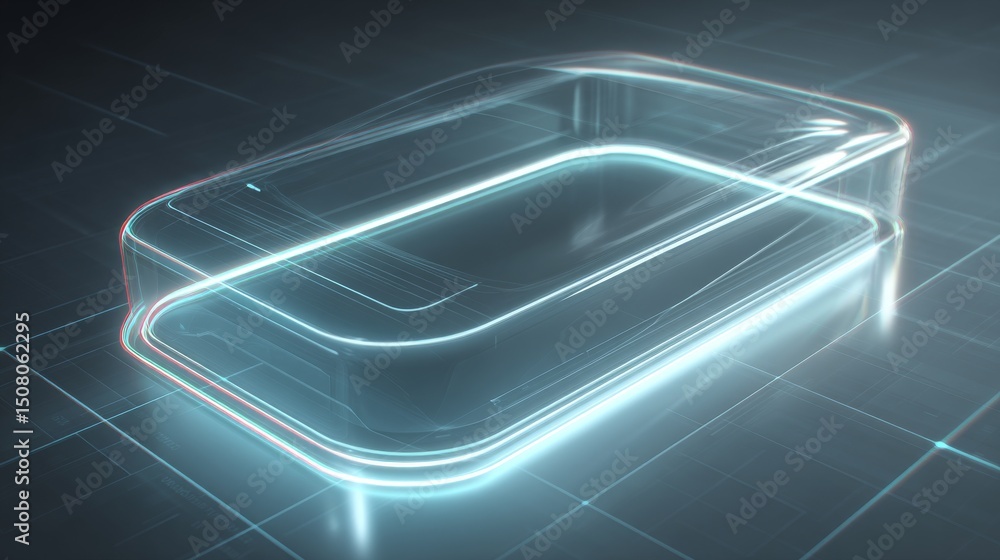 Poster futuristic transparent device design with glowing edges and modern technology elements.