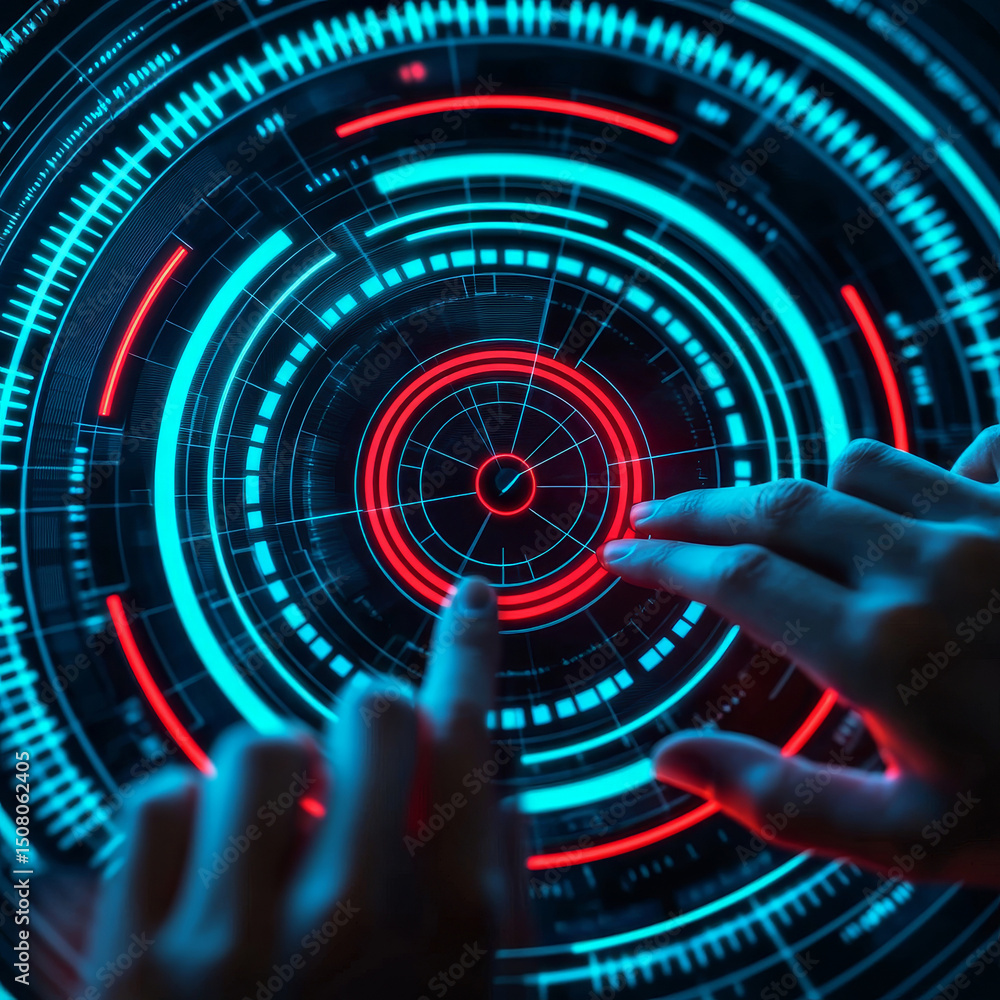 Poster interactive digital interface with glowing circular graphics.
