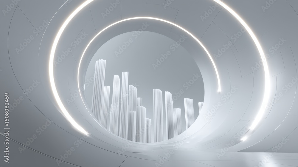 Poster futuristic white tunnel with illuminated lines and abstract vertical structures.