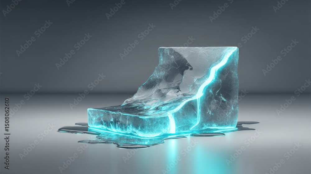Poster illuminated ice block melting on a surface with striking blue light effects.