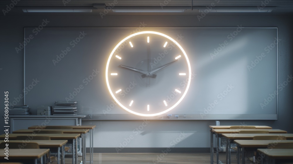 Poster modern classroom with a luminous wall clock and empty desks ready for learning.