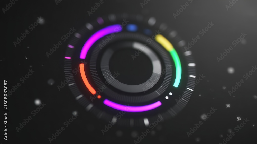 Poster modern digital interface with colorful circular design on a dark background.