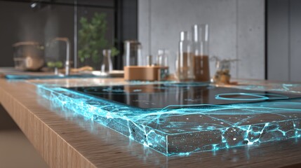 Modern kitchen countertop with innovative lighting and stylish cooking appliances.