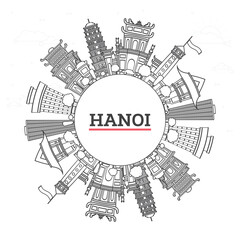Fototapeta premium Outline Hanoi Vietnam City Skyline with Modern and Historic Buildings Isolated on White. Illustration. Hanoi Cityscape with Landmarks and copy space.