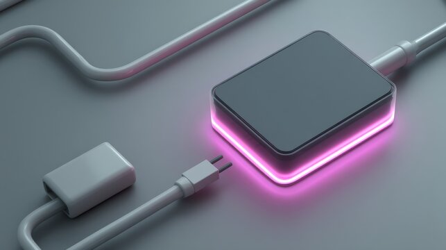 Modern power adapter with sleek design and vibrant LED lights on a gray background.