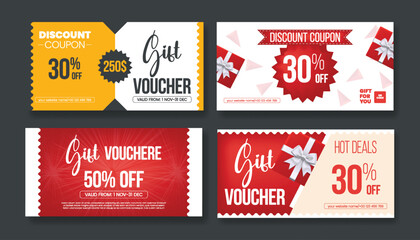 set of Modern Gift Voucher giveaway gift card, discount coupon template bundle for fashion sale offer promotional horizontal banner ad design, social media thumbnail cover, header design pack
