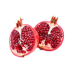 Isolated ripe red pomegranate, a fresh and juicy tropical fruit, cut to show raw organic seeds, a sweet and healthy vegetarian dessert