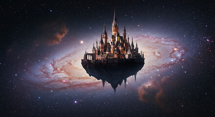 Fototapeta premium Enchanting Fantasy Castle Floating in Space Cosmic Nebula Background Fairytale Kingdom