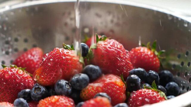 Fresh berries in colander under running water, close-up.