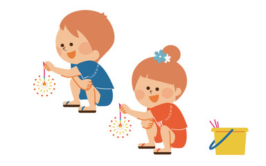 花火をする子供達　夏休み　イラスト素材